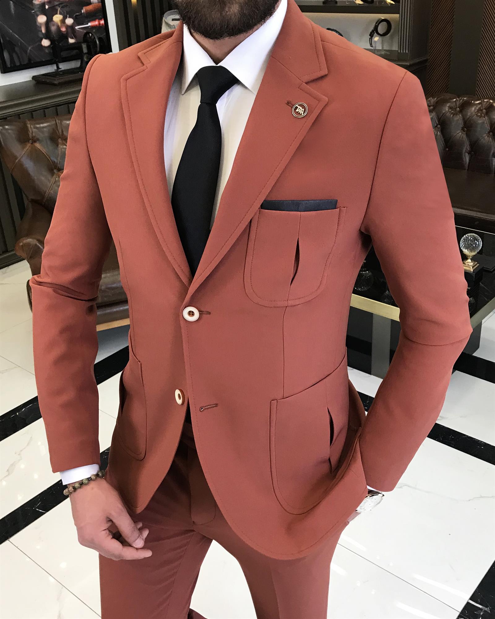 italyan stil slim fit yün karışımlı likralı safari ceket pantolon takım elbise kiremit T9590