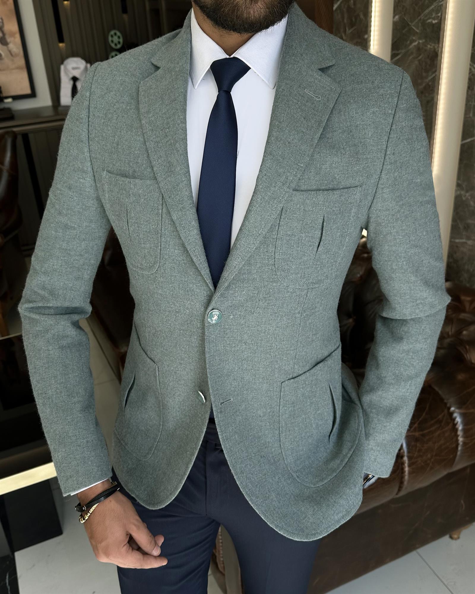 İtalyan stil slim fit yün karışımlı mono yaka erkek ceket yeşil T9875