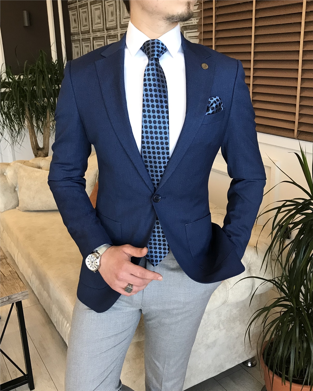 İtalyan stil torba cep mono yaka erkek blazer tek ceket Lacivert T5562