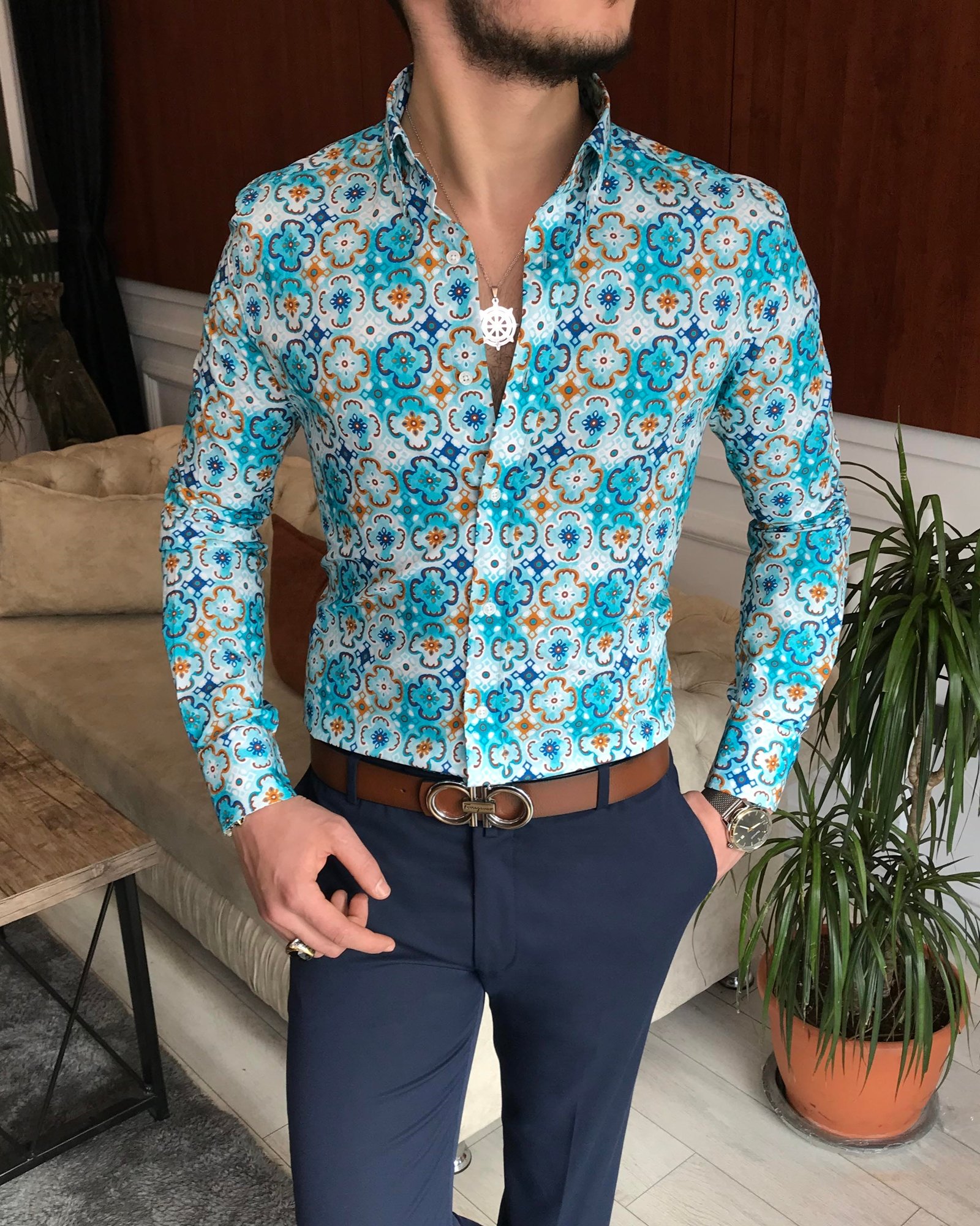 İtalyan yaka slim fit erkek desenli pamuk gömlek yeşil T6875