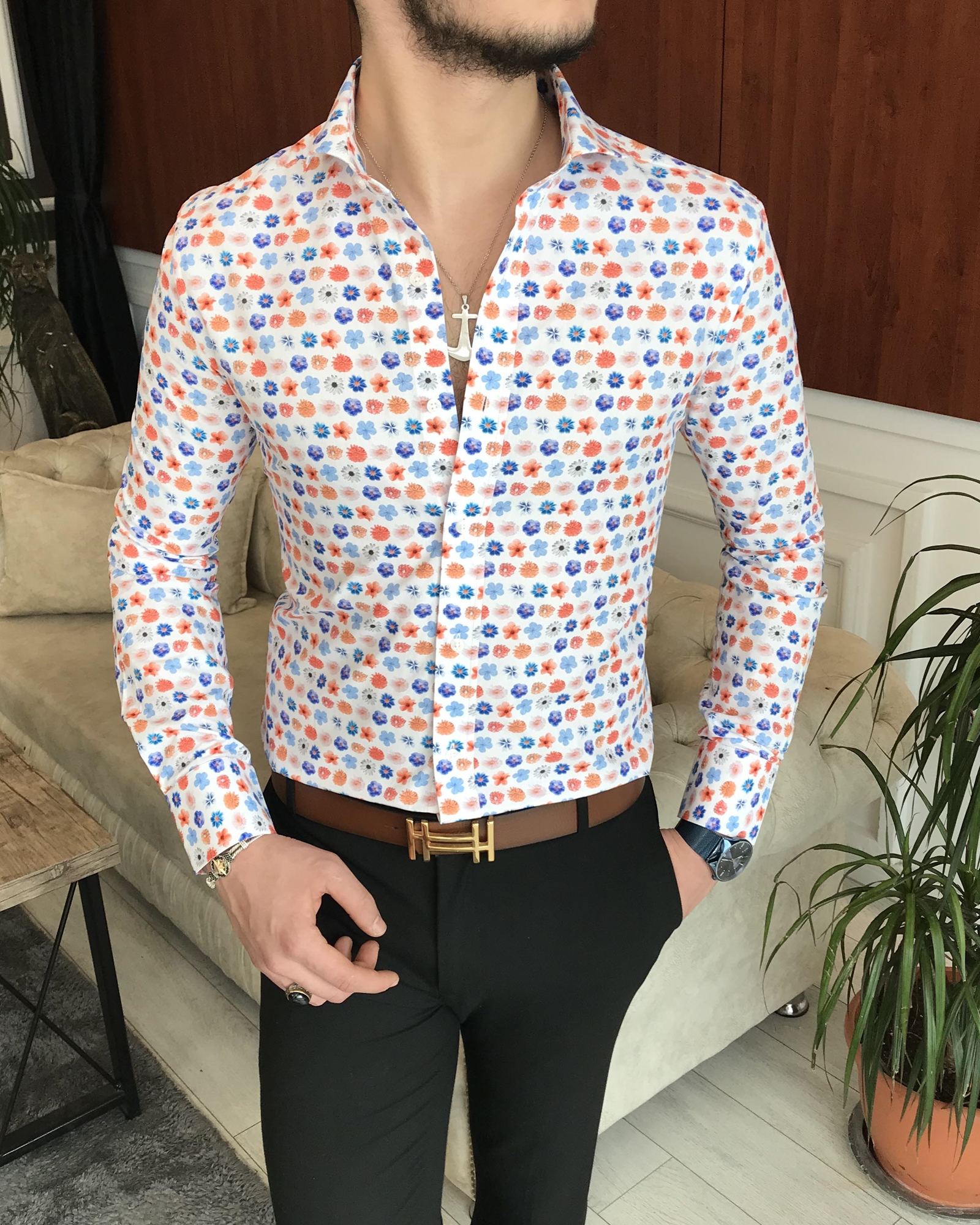 İtalyan yaka slim fit erkek desenli pamuk gömlek Beyaz T6874