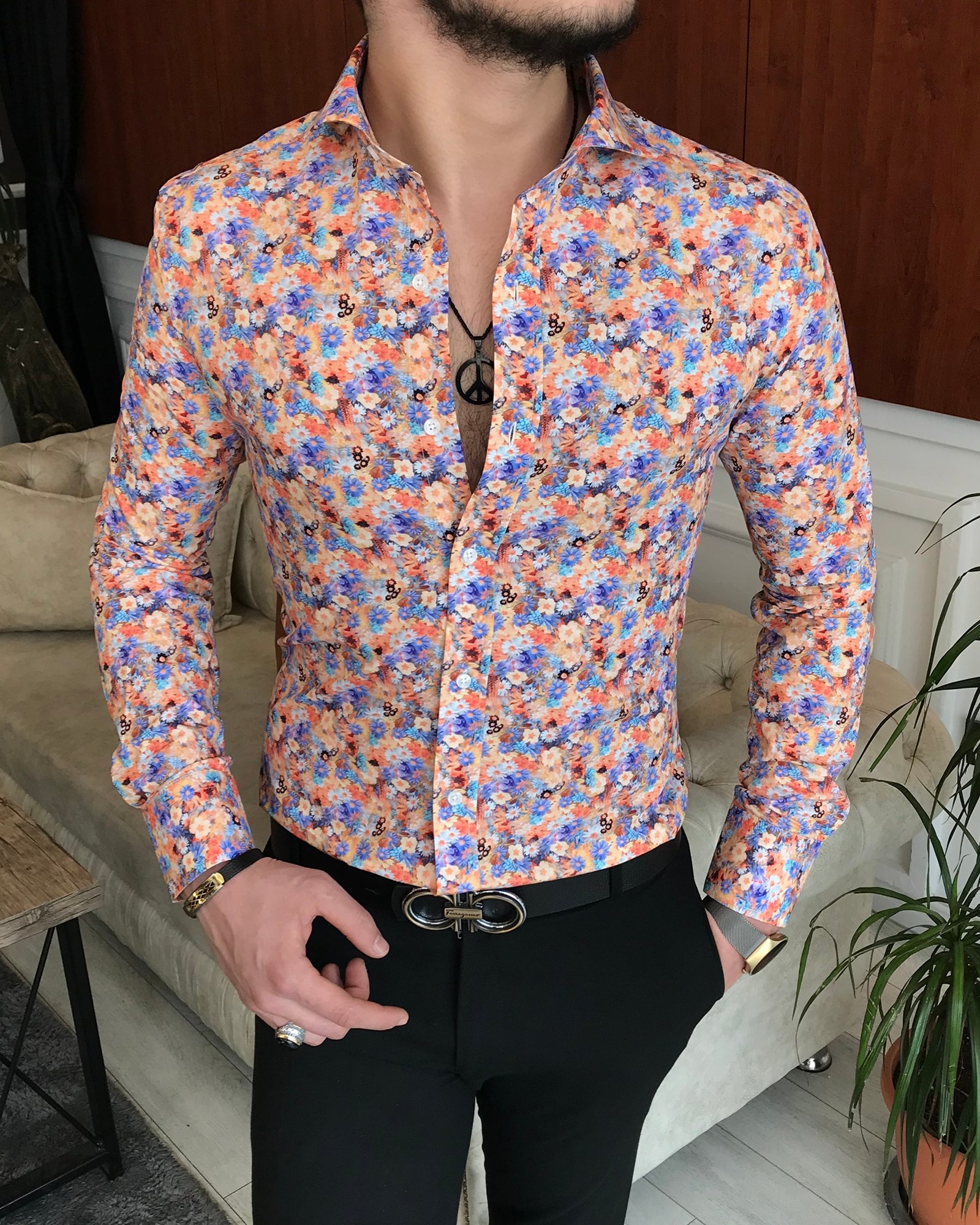 İtalyan yaka slim fit erkek desenli pamuk gömlek Turuncu T6867