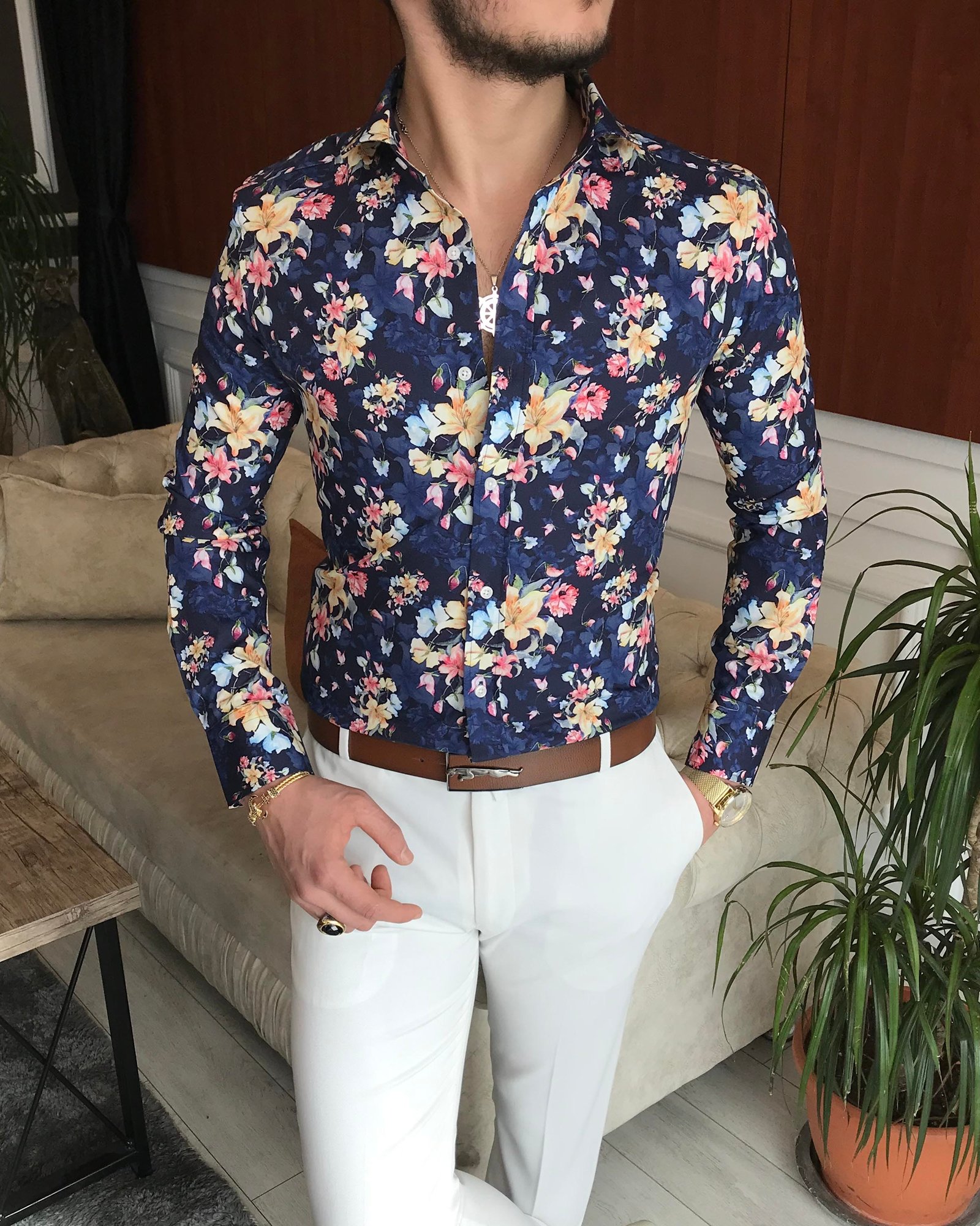 İtalyan yaka slim fit erkek desenli pamuk gömlek Lacivert T6869