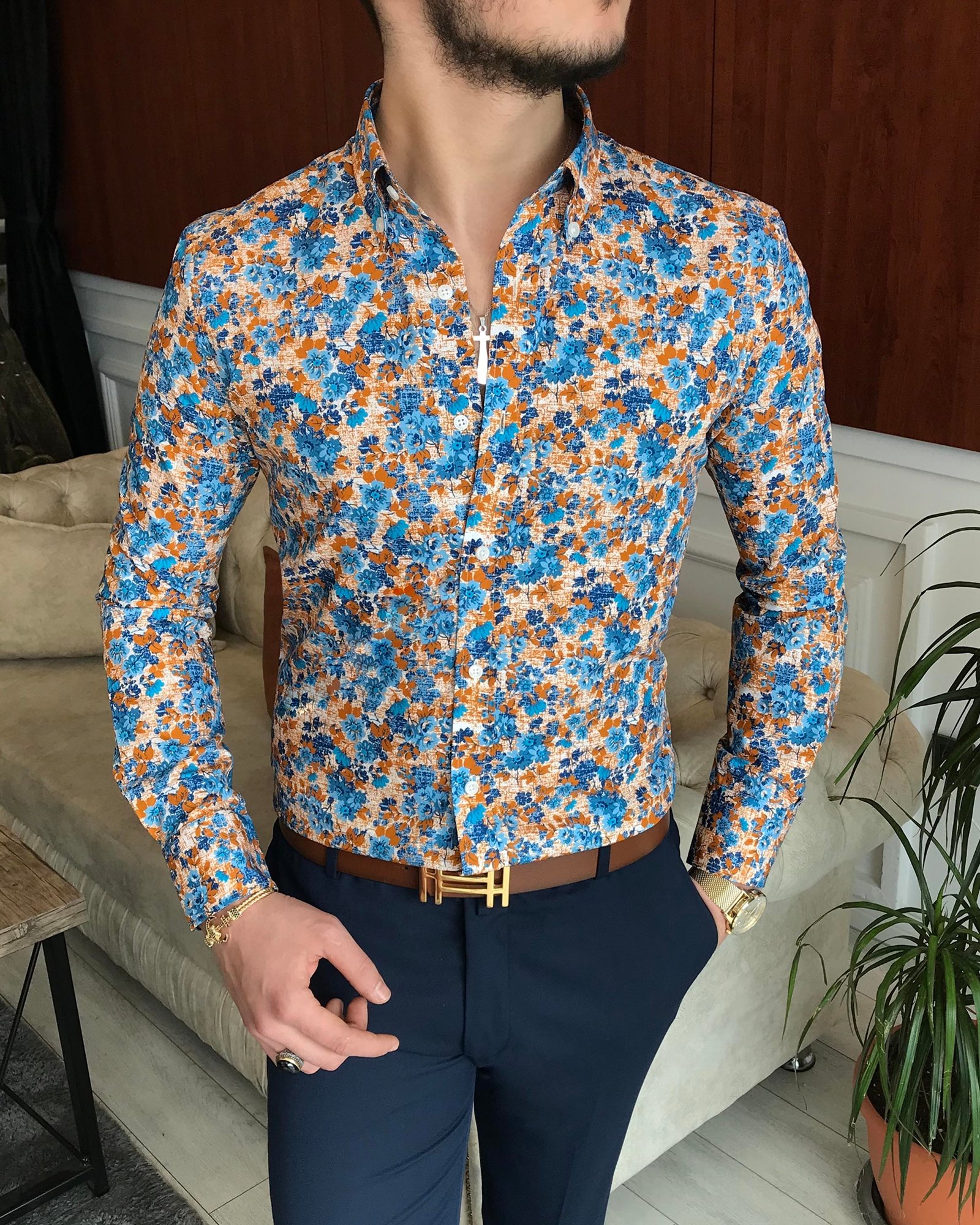 İtalyan yaka slim fit erkek desenli pamuk gömlek Çok Renkli T6864