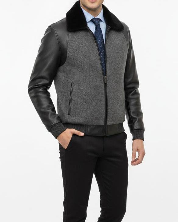 Itayan stil kürk yaka orijinal deri detaylı mont ceket gri T10501