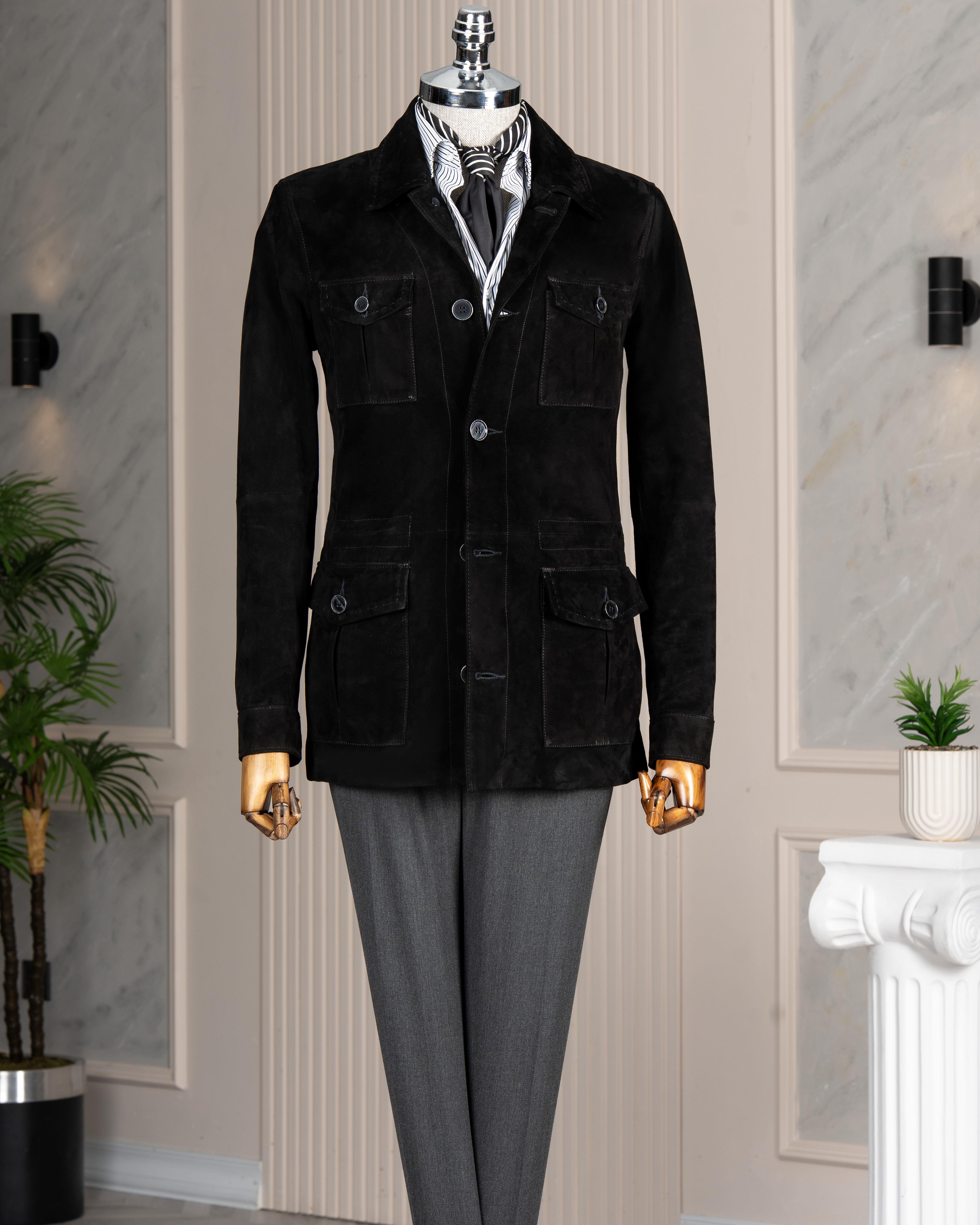 Itayan stil slim fit düğmeli orijinal süet deri mont siyah T11682