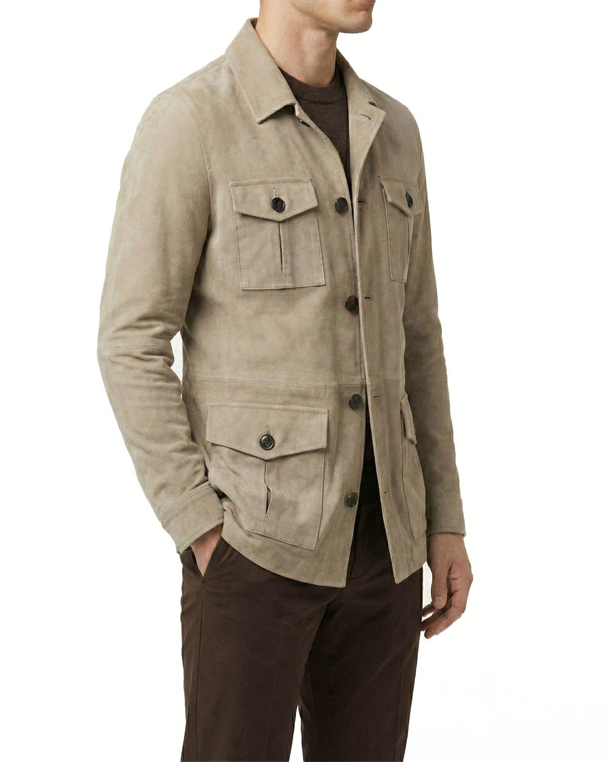 Itayan stil slim fit düğmeli orijinal süet deri mont bej T11681