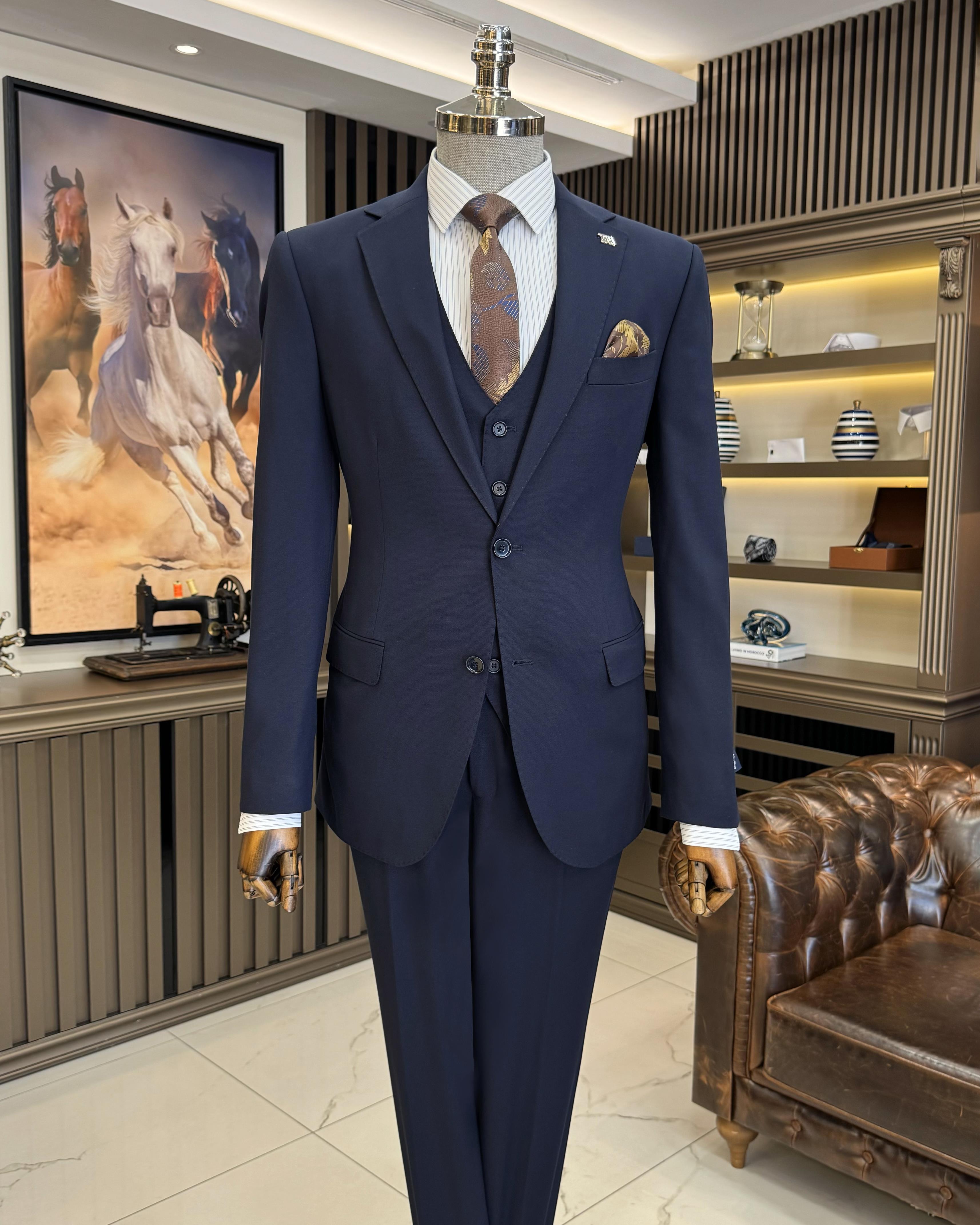 Classic cut jacket vest trousers men's suit navy blue T11103