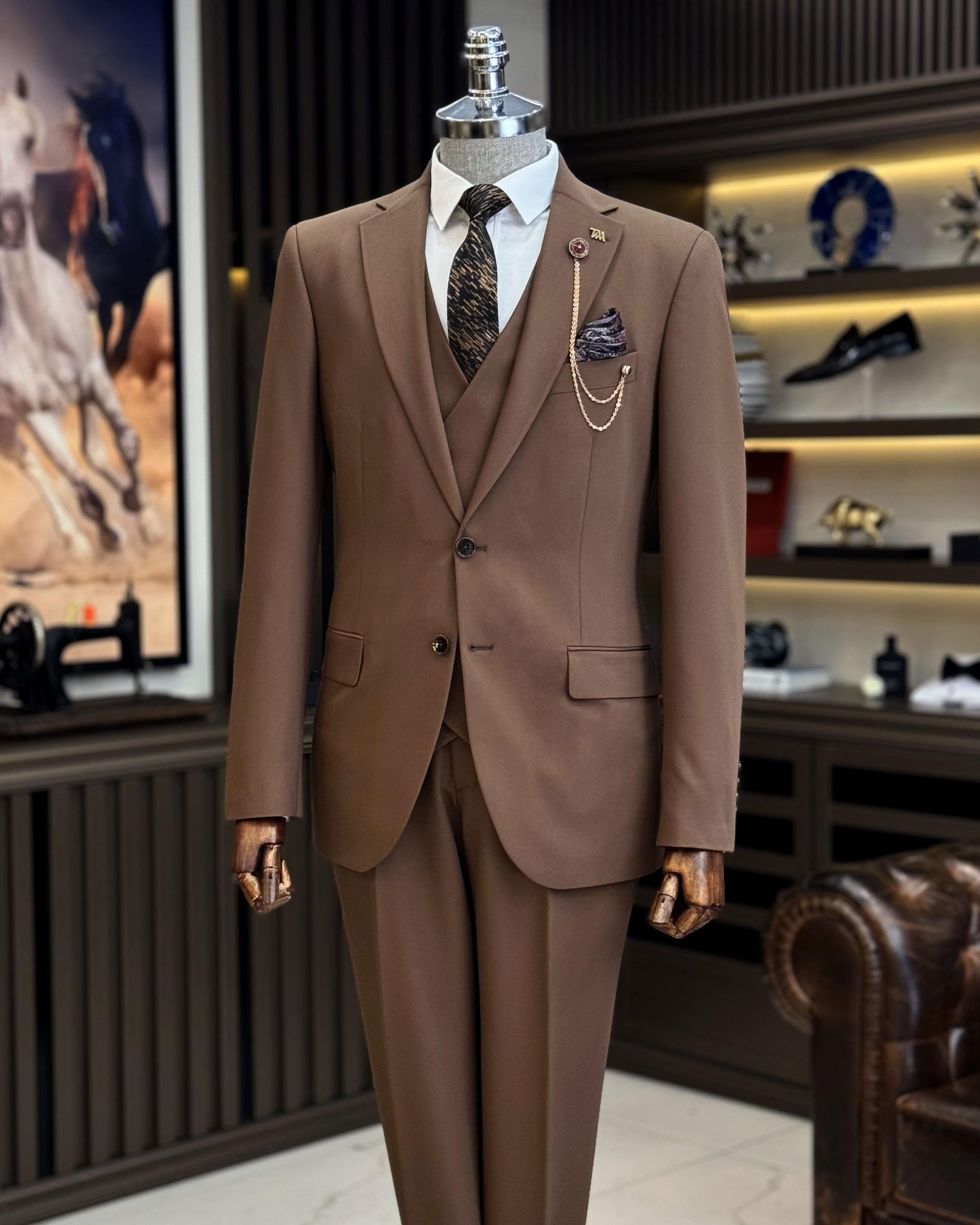 classic cut regular fit jacket vest trouser suit brown T12246