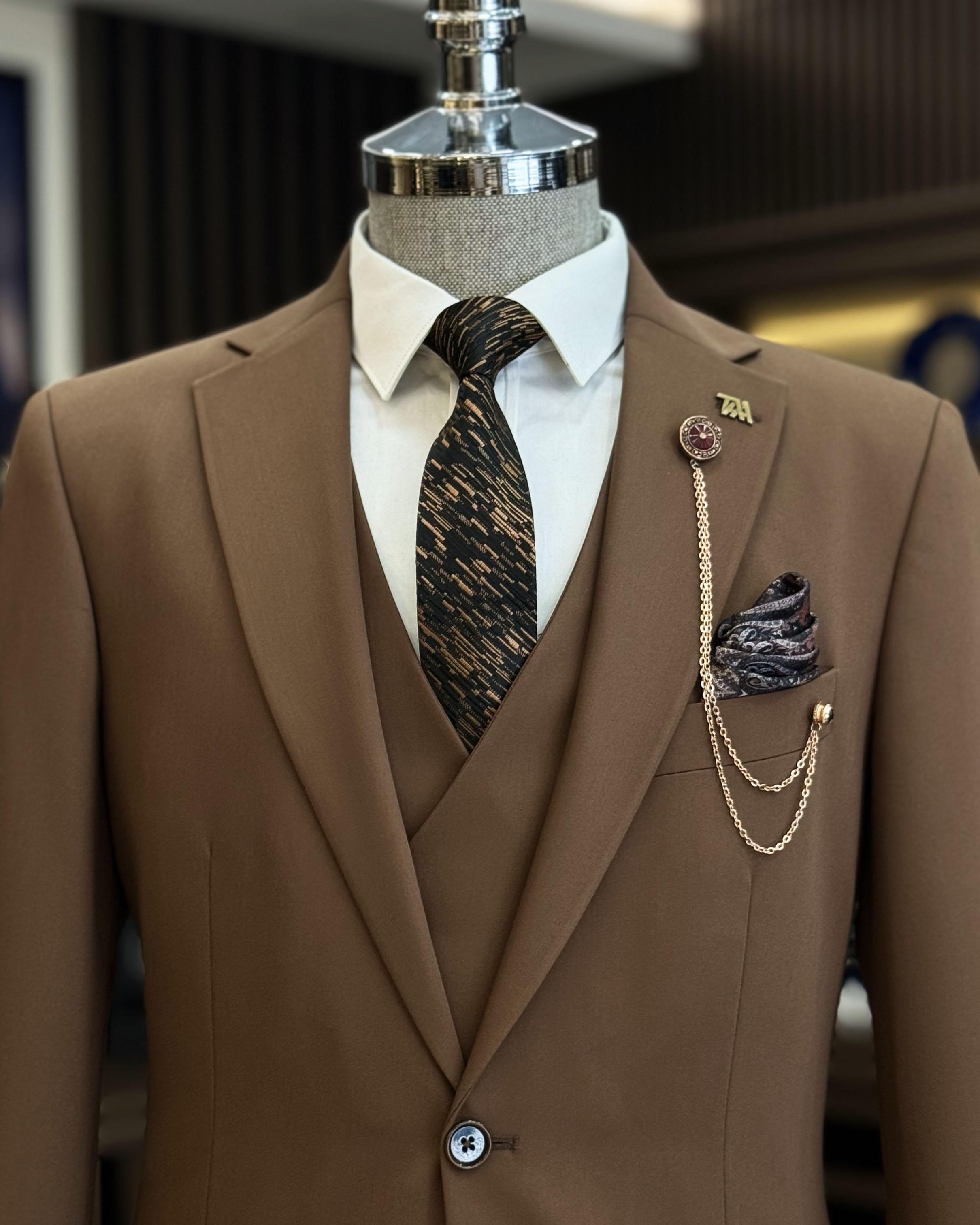 classic cut regular fit jacket vest trouser suit brown T12246
