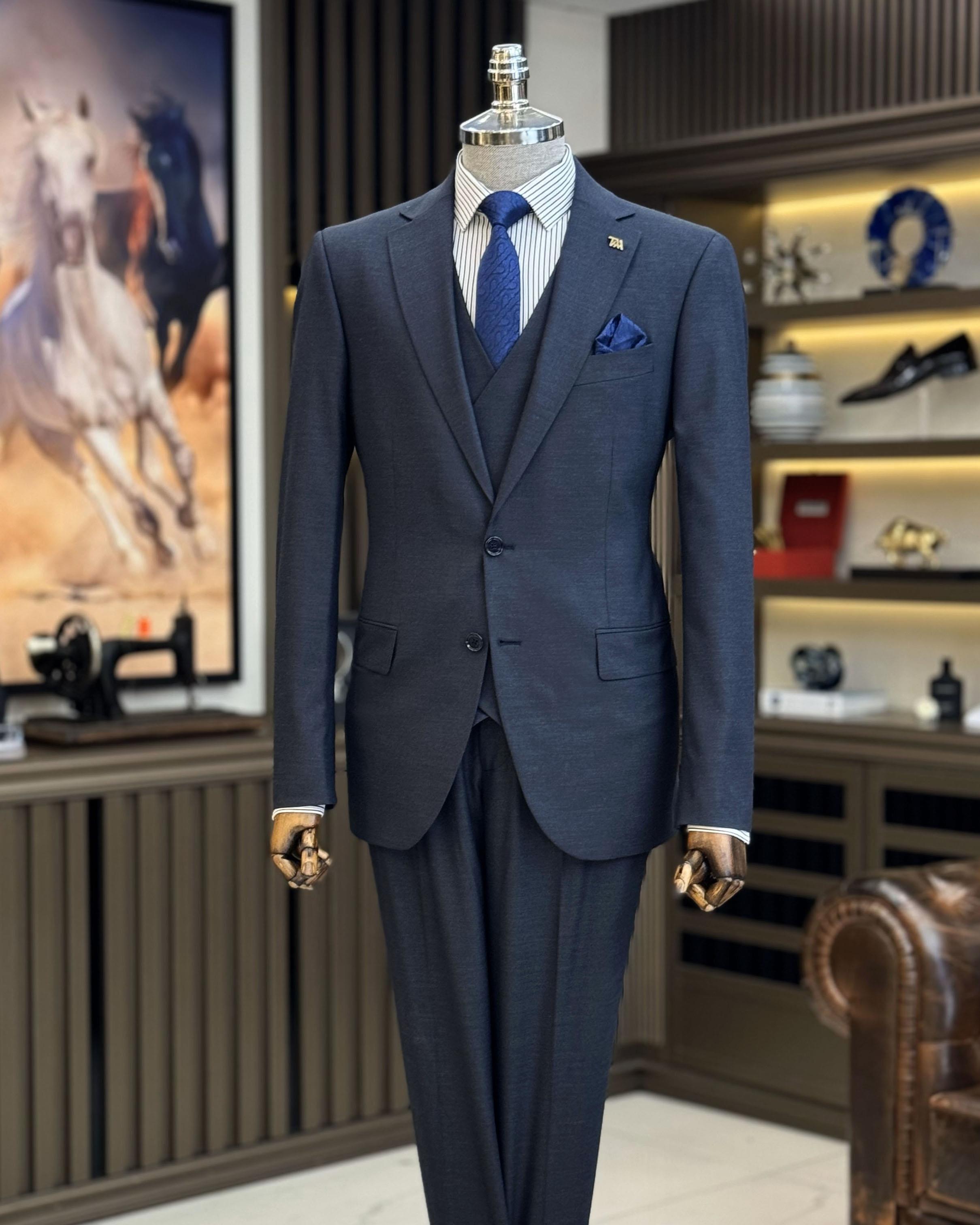 classic cut regular fit jacket vest pants suit navy blue T12251