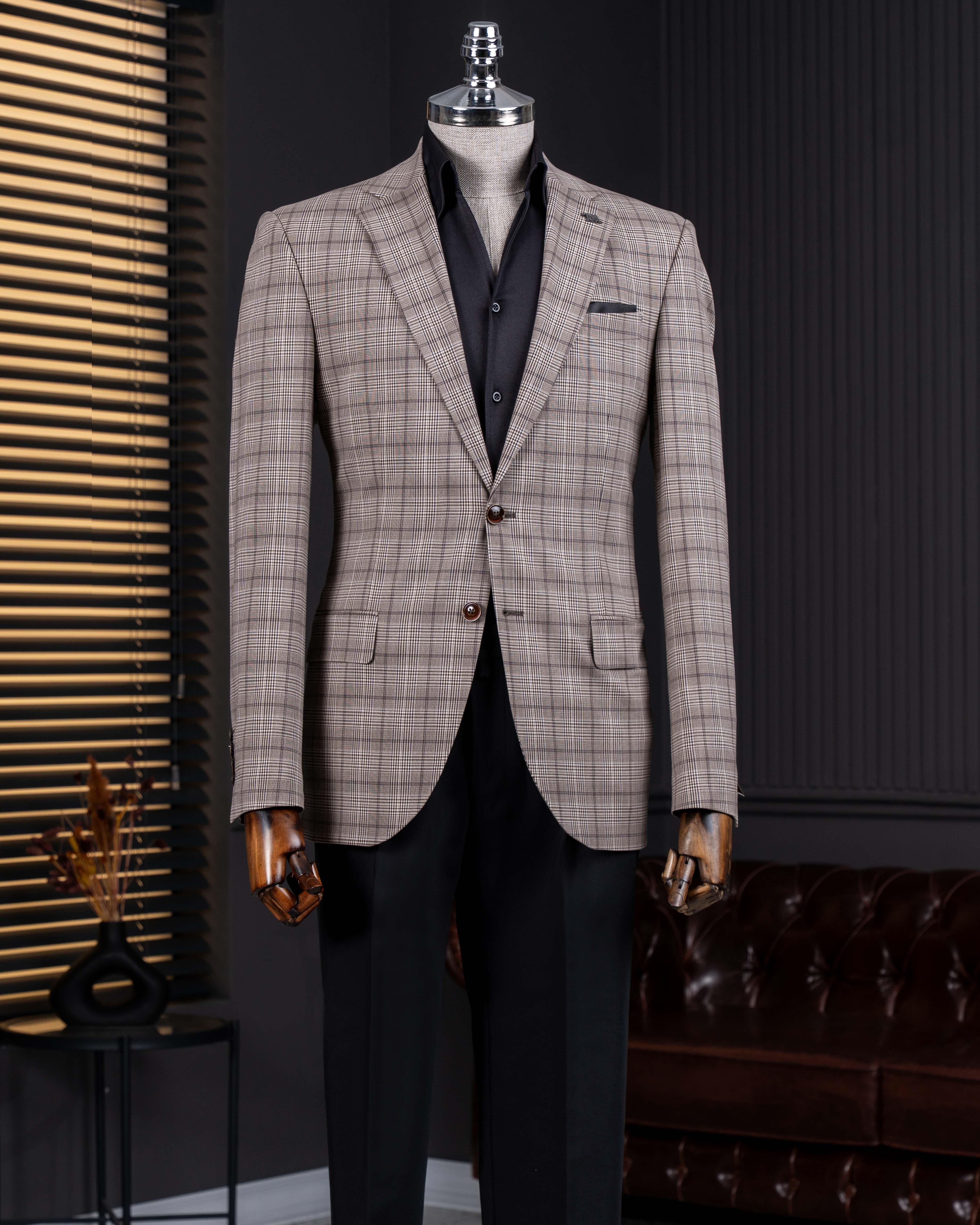 Classic cut regular fit mono collar plaid men's jacket brown T11528