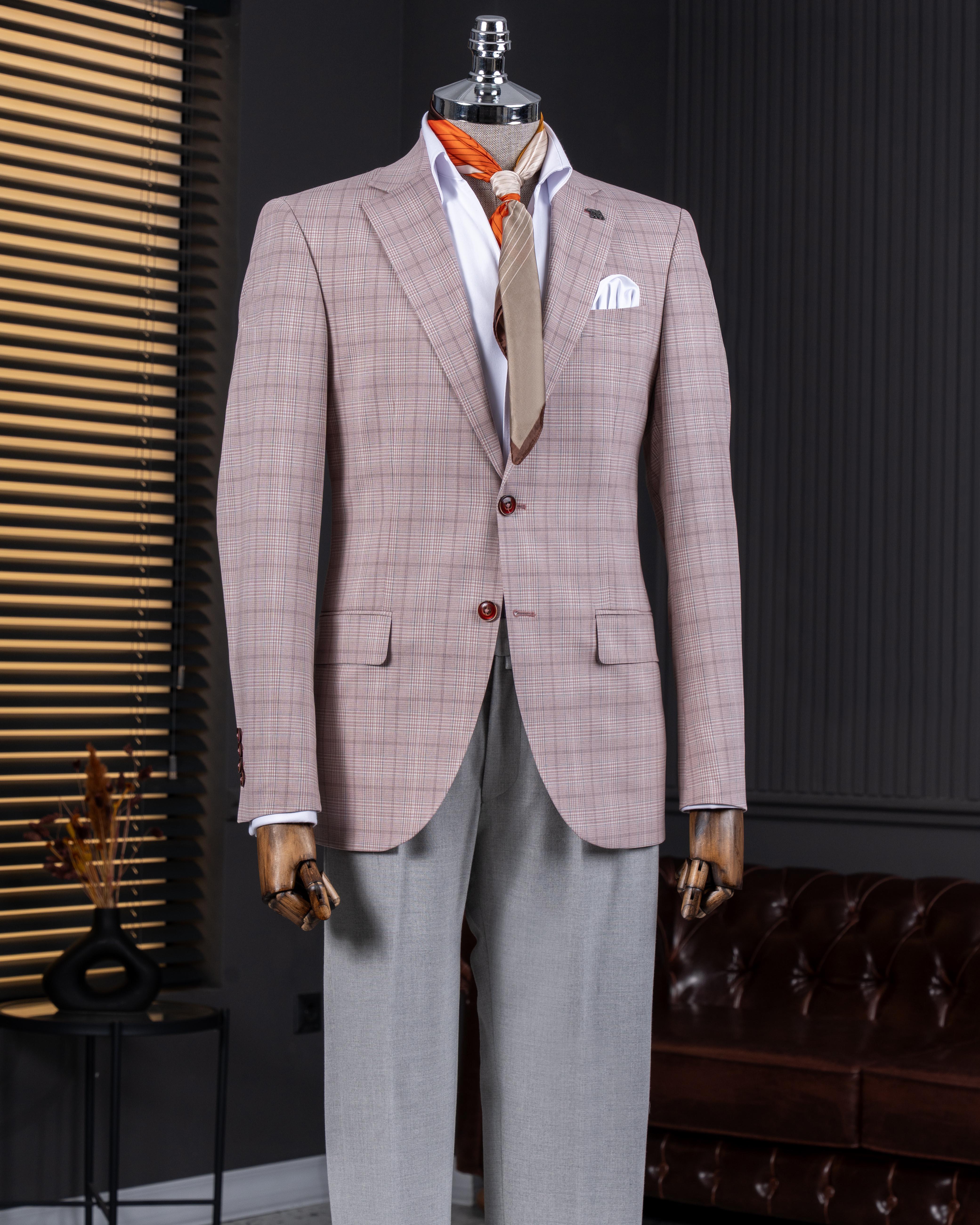 Classic cut regular fit mono collar plaid men's jacket pink T11526