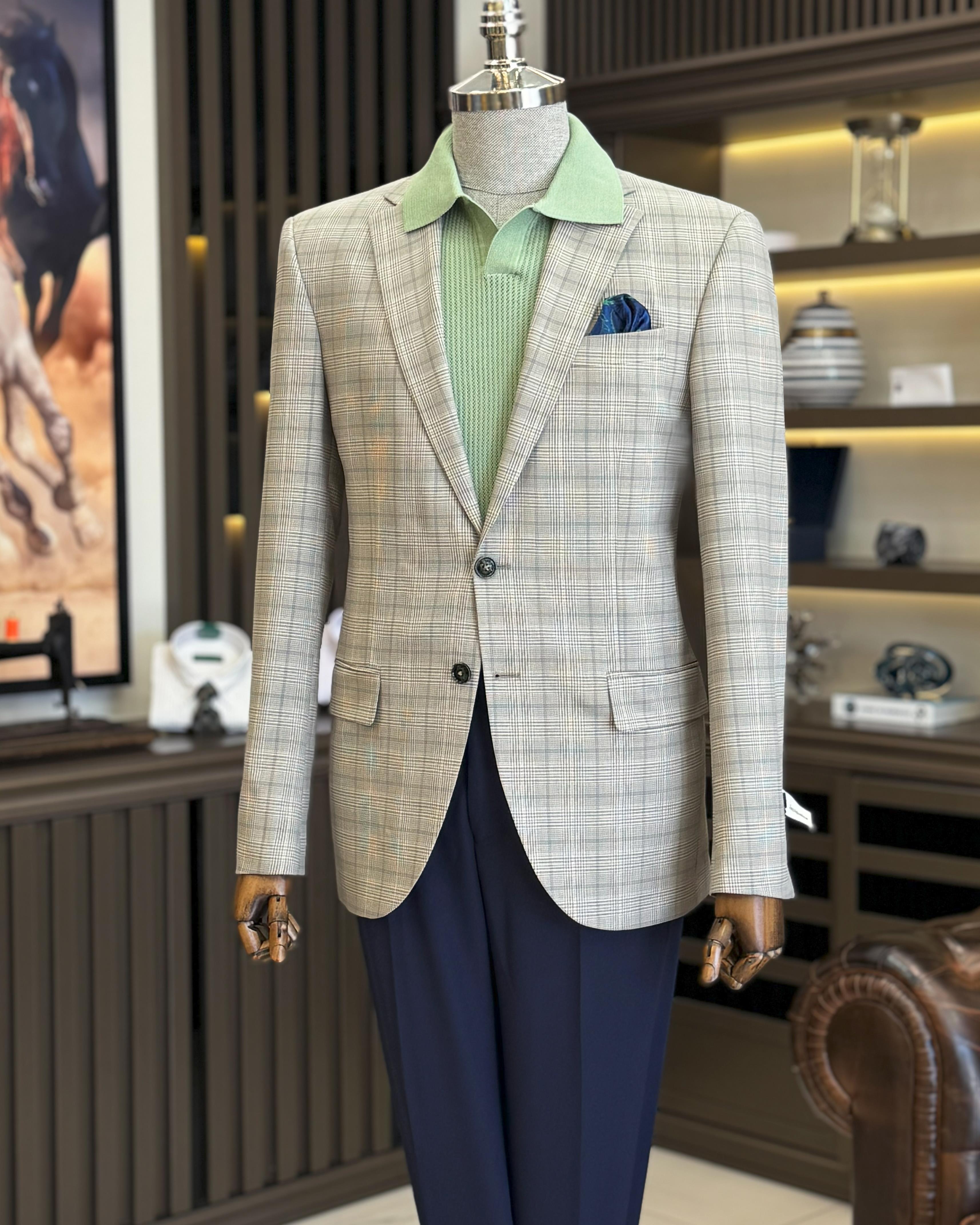 Klasik kesim regular fit mono yaka ekose erkek ceket camel T11527