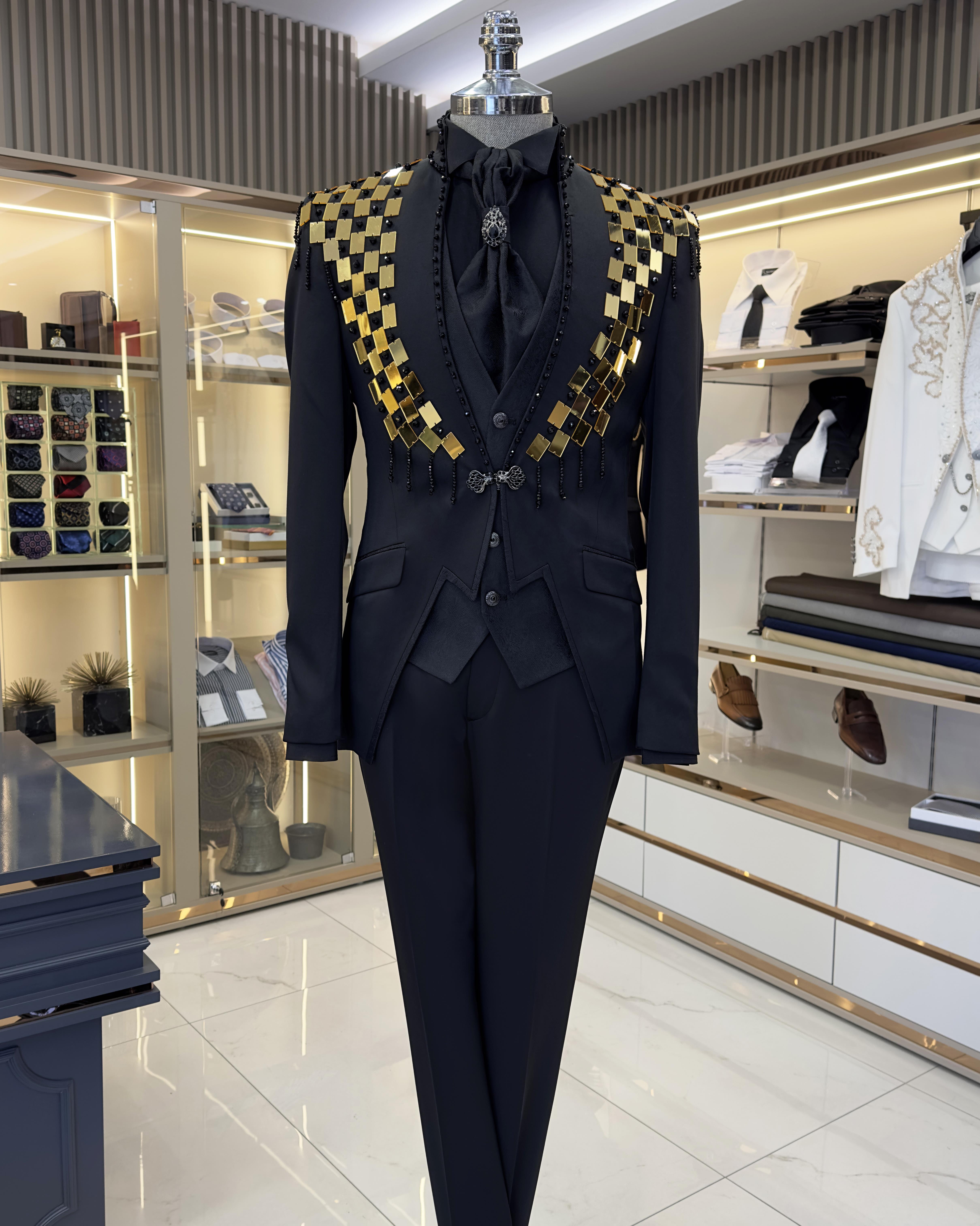 Özel seri slim fit işlemeli ceket yelek pantolon damatlık set siyah T11365