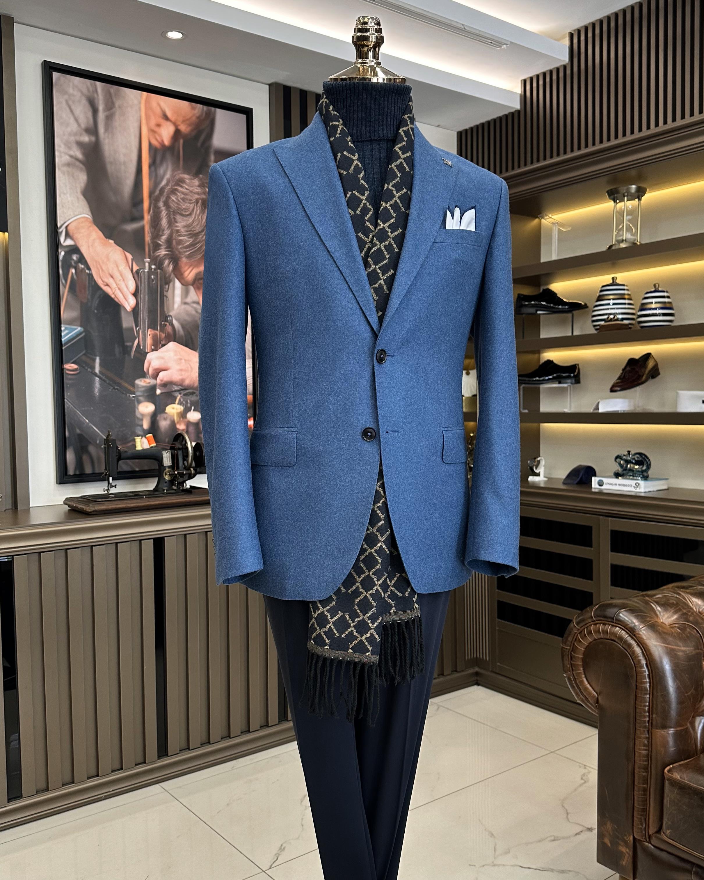 Premium %100 Merinos Yünü Slim Fit Erkek Tek Ceket  Mavi T10911