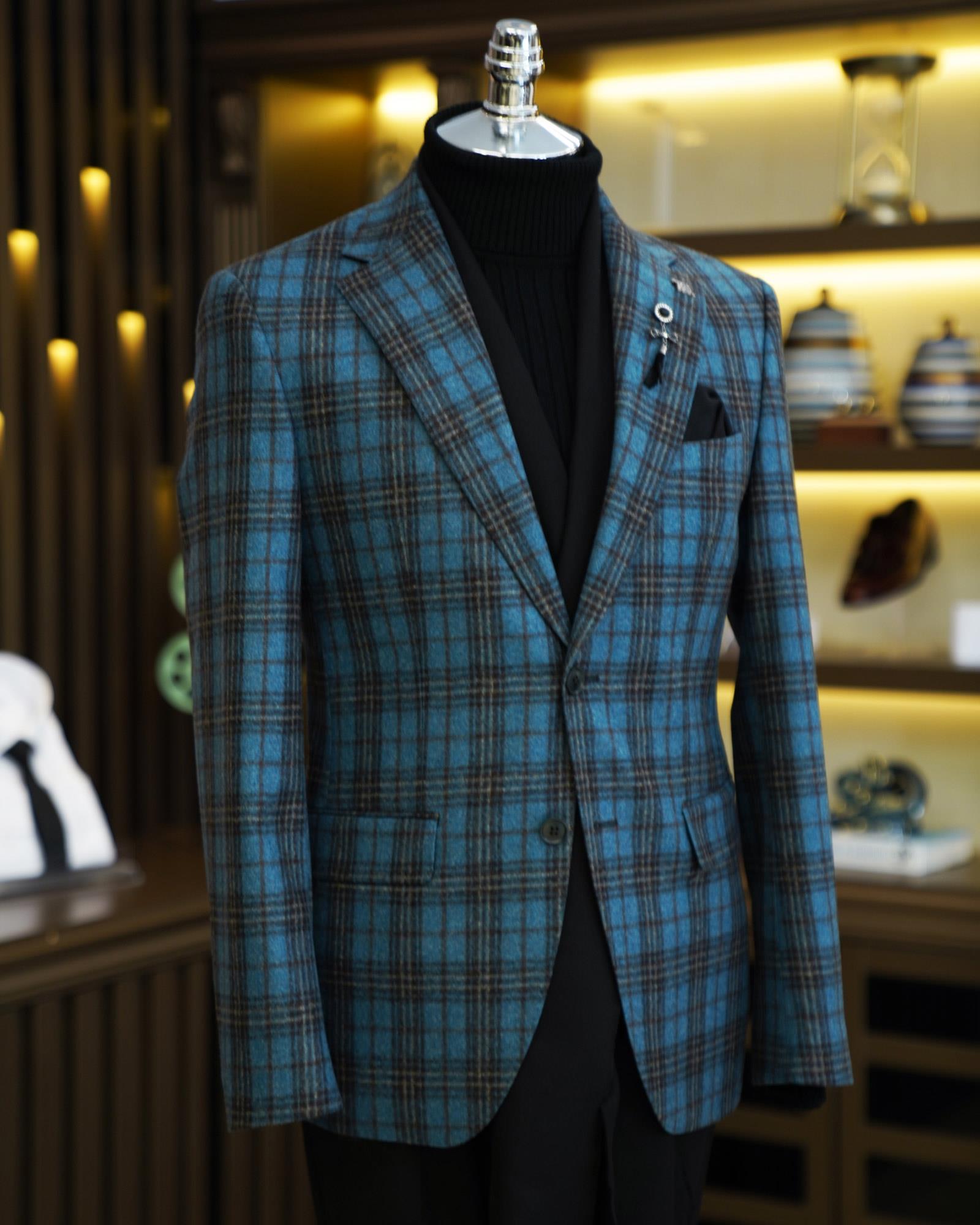 Premium %100 Merinos Yünü Slim Fit Erkek Tek Ceket  Mavi T10907