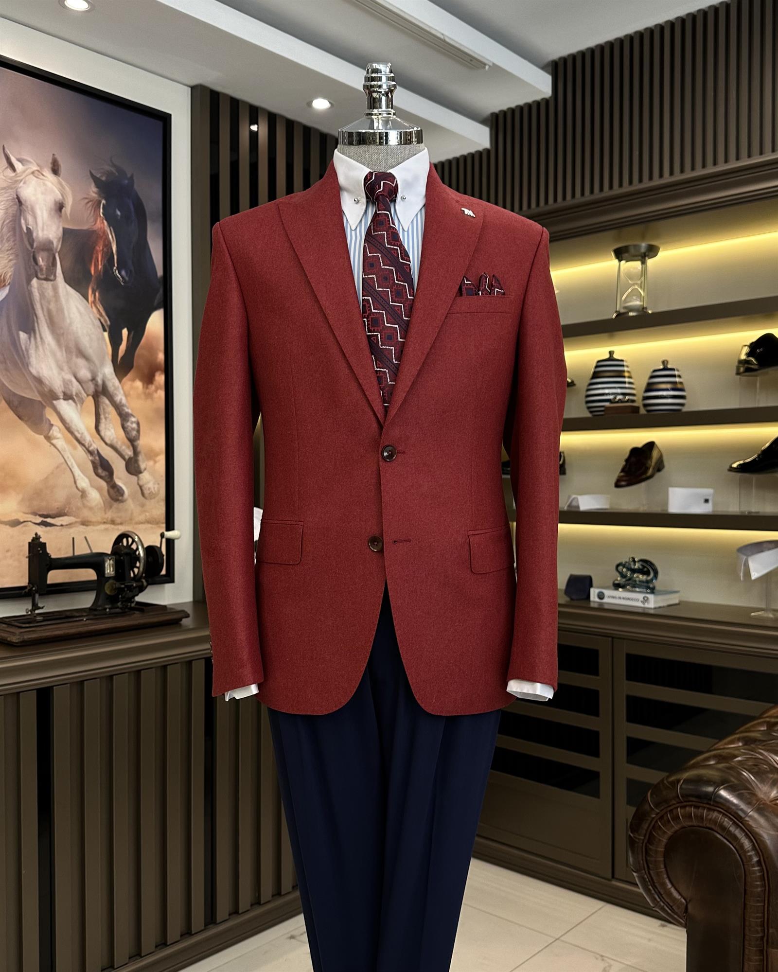 Premium %100 Merinos Yünü Slim Fit Erkek Tek Ceket Bordo  T10909