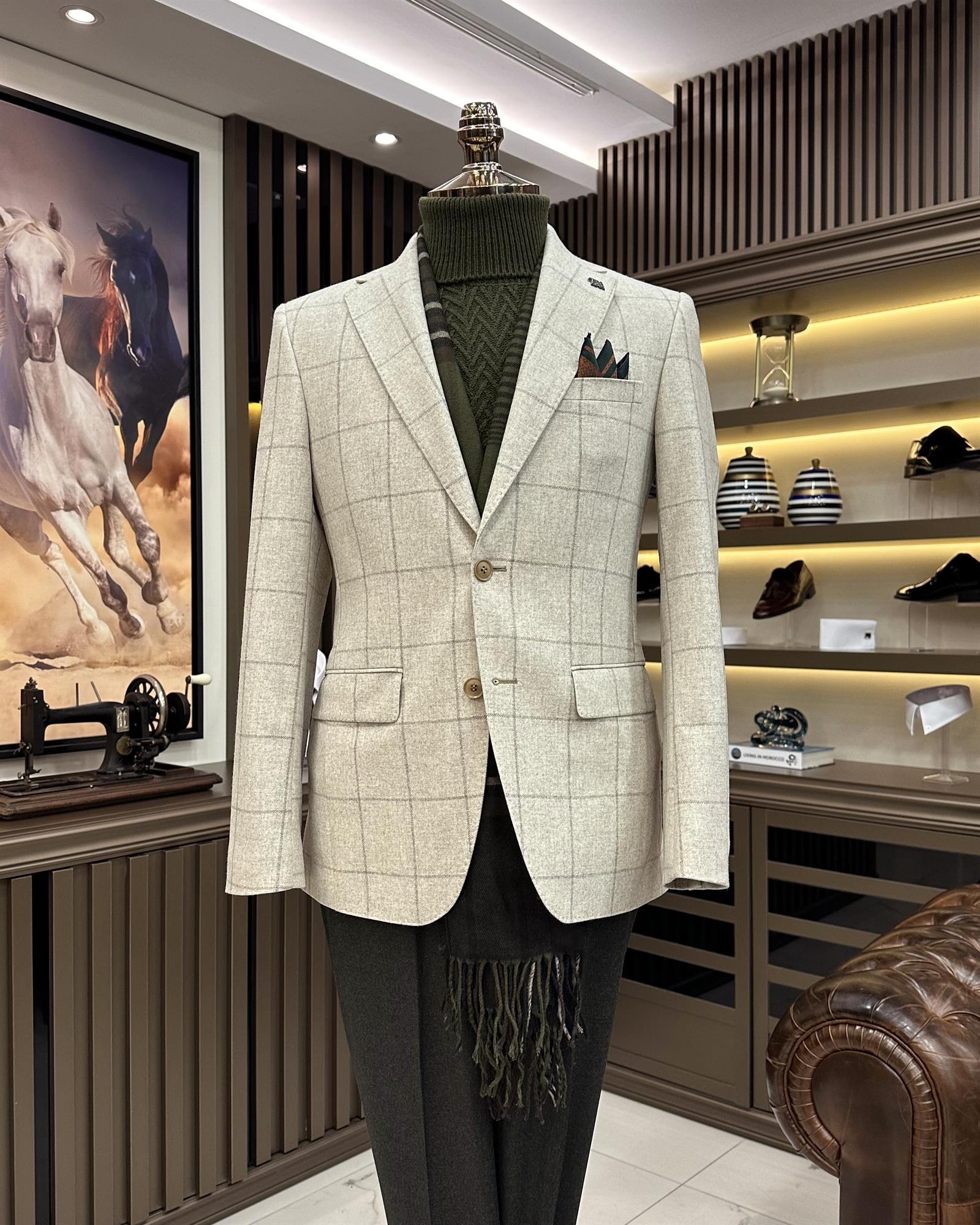 Premium %100 Merinos Yünü Slim Fit Erkek Tek Ceket Bej  T10910