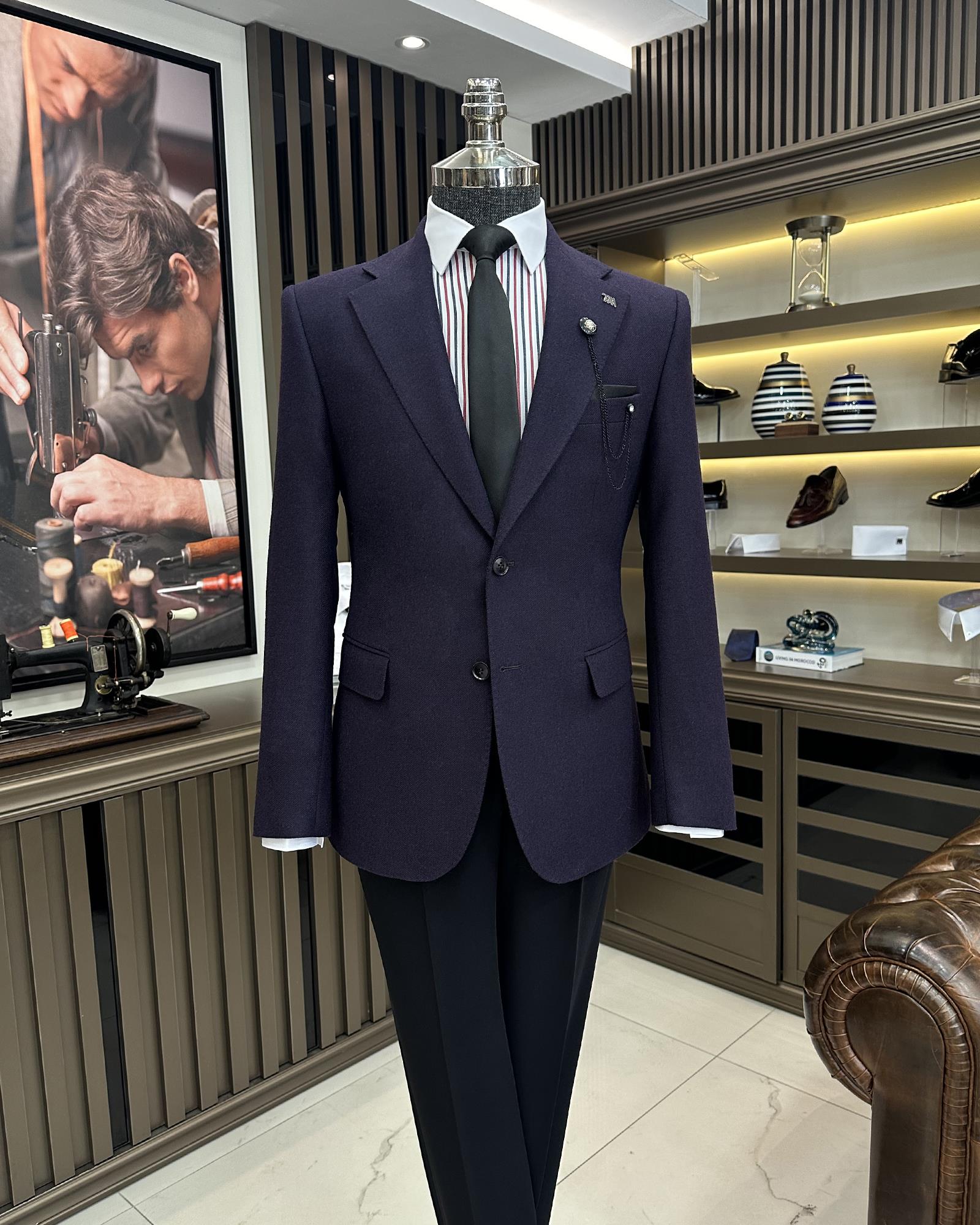 Premium %100 Merinos Yünü Slim Fit Erkek Tek Ceket  Mor T10914