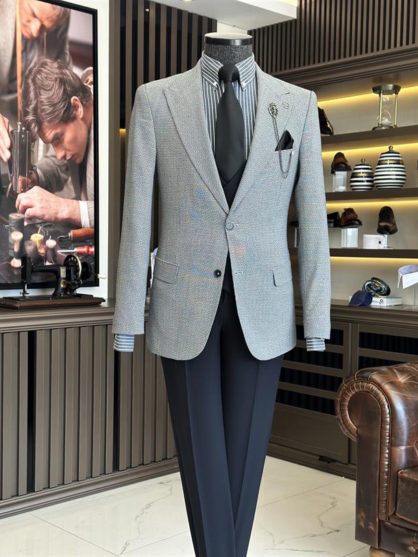 Italian style slim fit men's combination jacket vest trouser suit Gray T9830