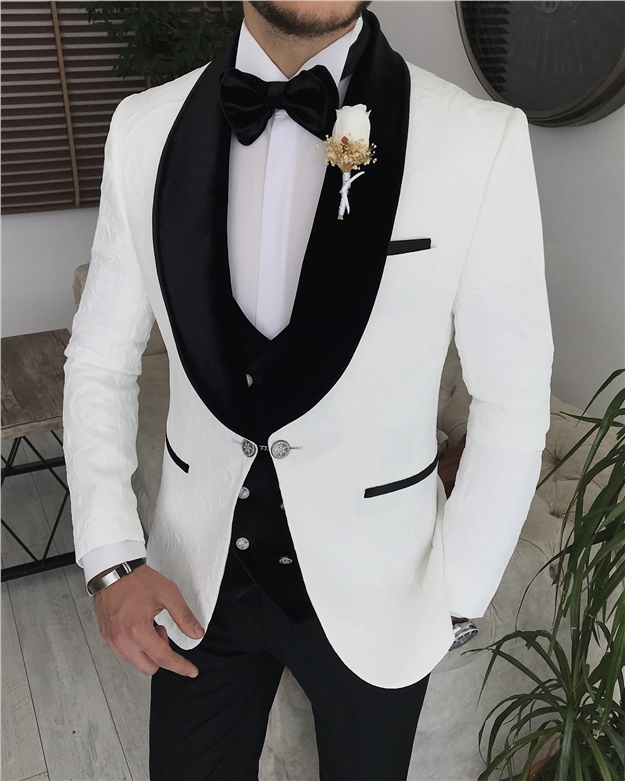 İtalyan kesim ceket yelek pantolon damatlık set Beyaz T8187