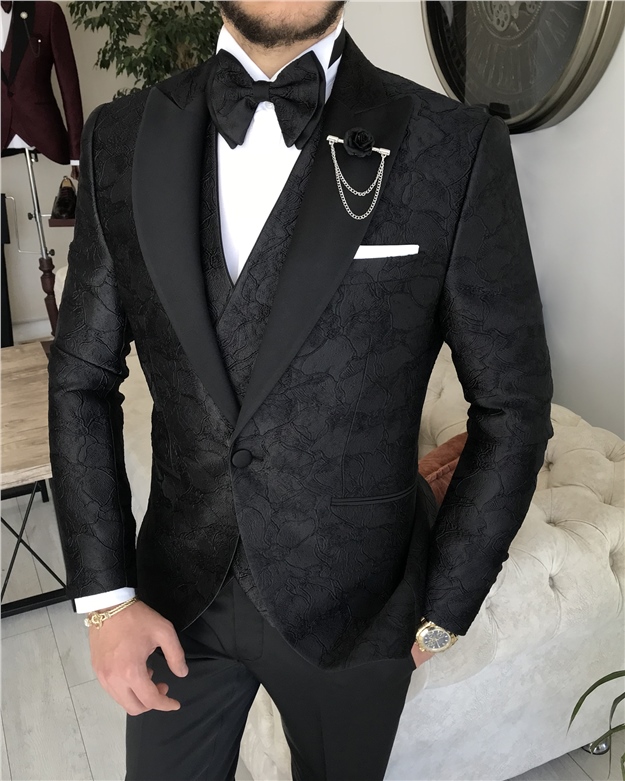 Italian Style Jacket Waistcoat Trousers Groom Set Black T8292