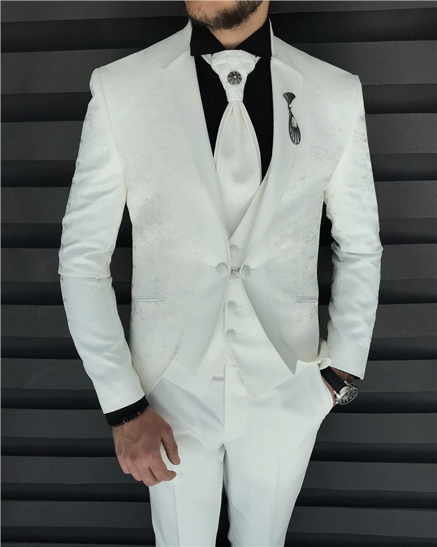 İtalyan kesim ceket yelek pantolon damatlık set Beyaz T7295