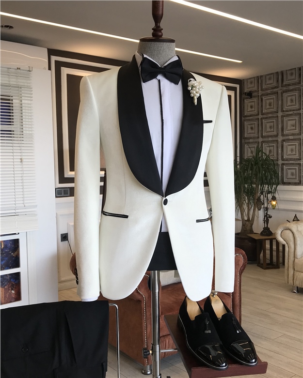 Italian Style Men's Groom White Shawl Collar Suit T5908