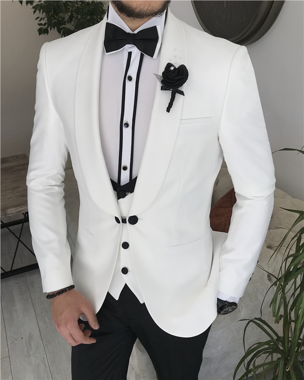 İtalyan kesim slim fit ceket yelek pantolon damatlık set Beyaz T8202