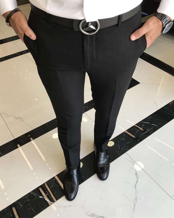 İtalyan kesim slim fit desenli erkek siyah kumaş pantolon T9720