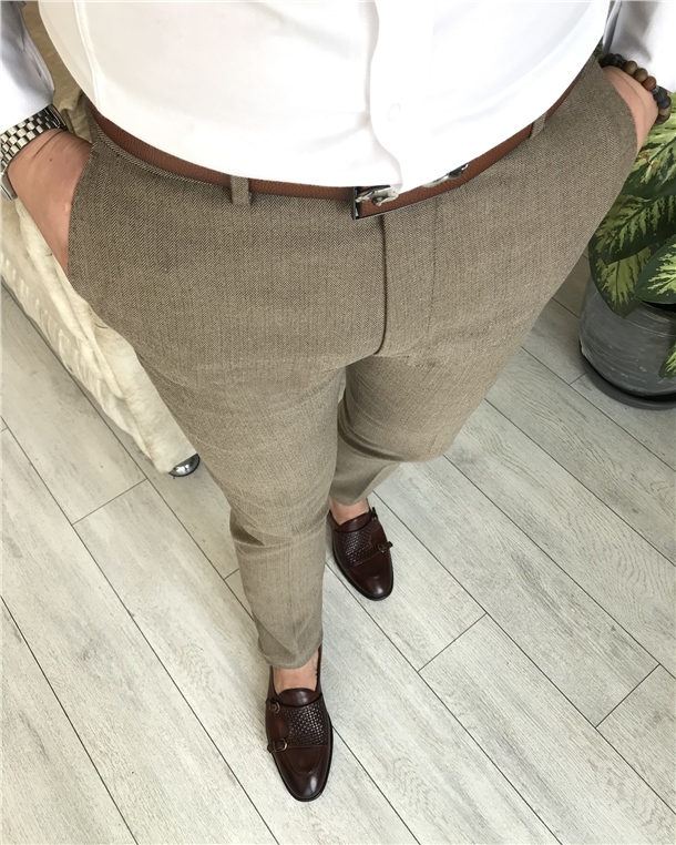 İtalyan kesim slim fit erkek kahverengi kumaş pantolon T3826