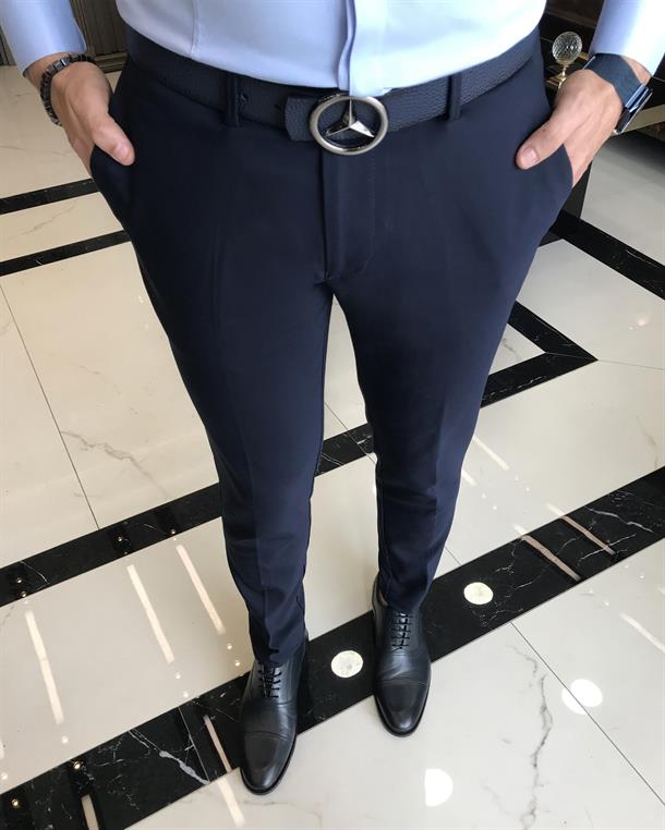 italian cut slim fit men's trousers navy blue T9137