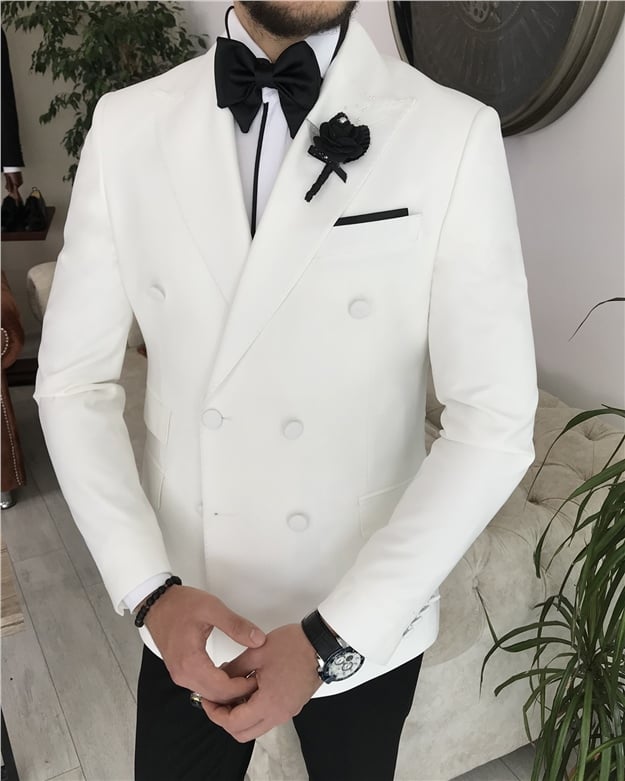 İtalyan kesim slim fit kruvaze ceket pantolon damatlık set Beyaz T8280