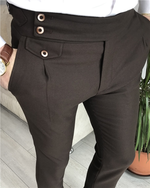 İtalyan kesim slim fit pileli kumaş pantolon Kahverengi T8526