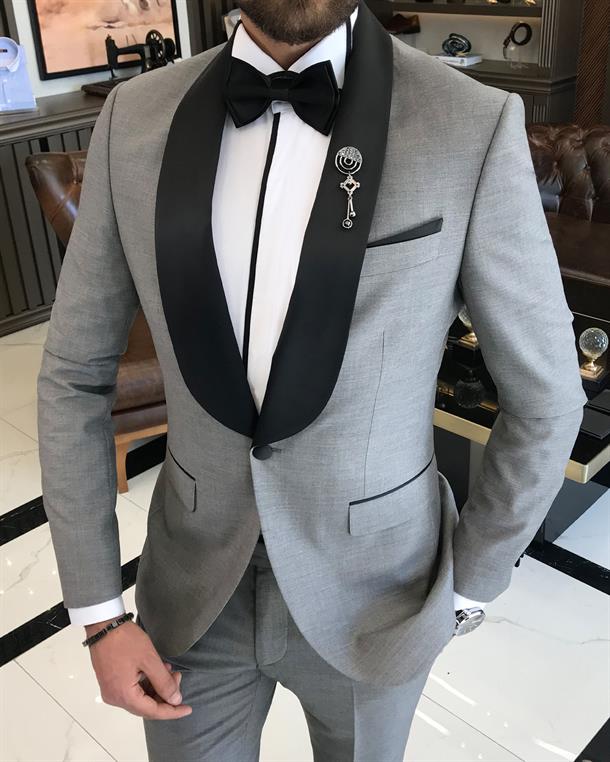 Italian cut slim fit shawl collar jacket trousers groom suit set gray T9179
