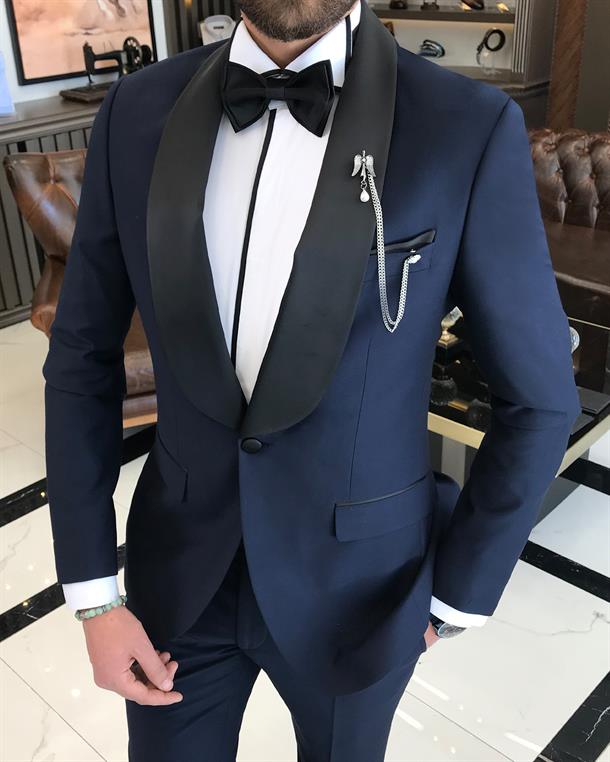 Italian cut slim fit shawl collar jacket trousers groom suit set navy blue T9183