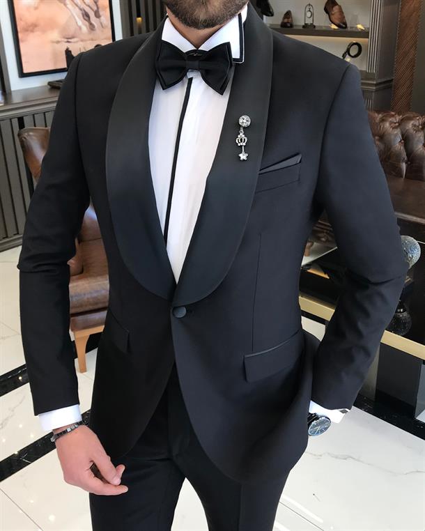 Italian cut slim fit shawl collar jacket trousers groom suit set black T9184