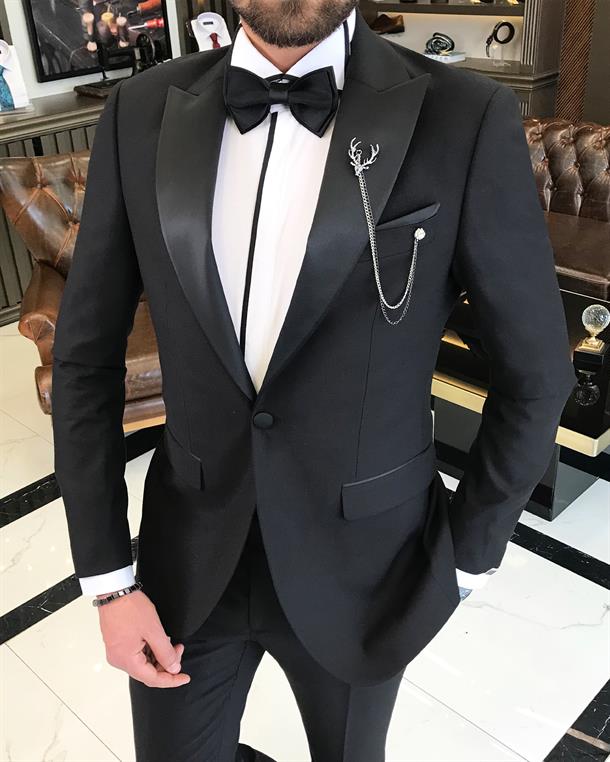 Italian cut slim fit pointed collar jacket trousers groom suit set black T9193