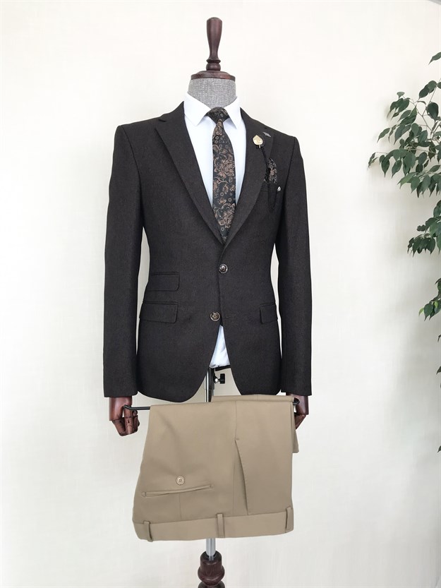 İtalyan stil blazer erkek tek ceket Kahverengi T8798
