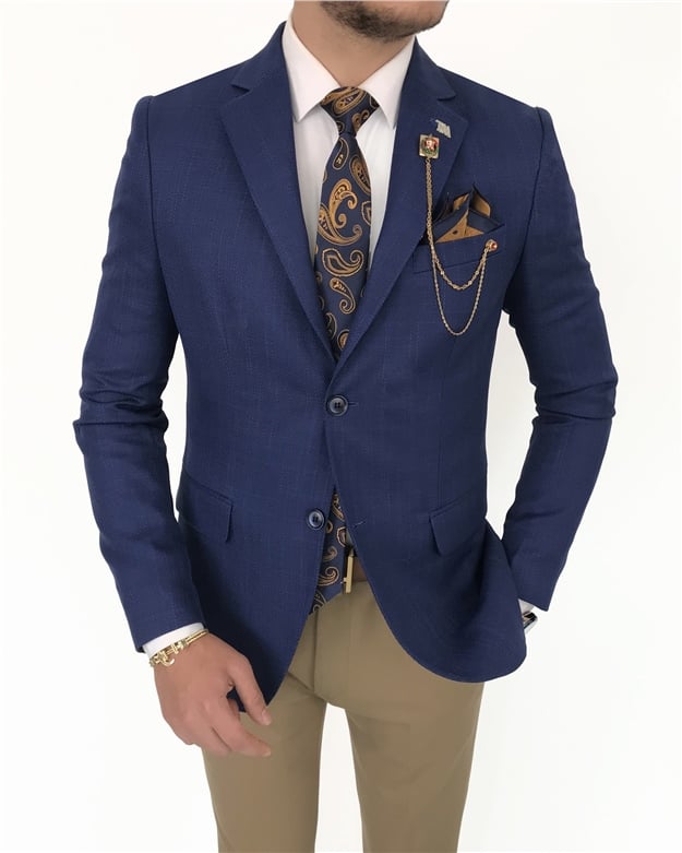 İtalyan stil blazer erkek tek ceket Lacivert T7710