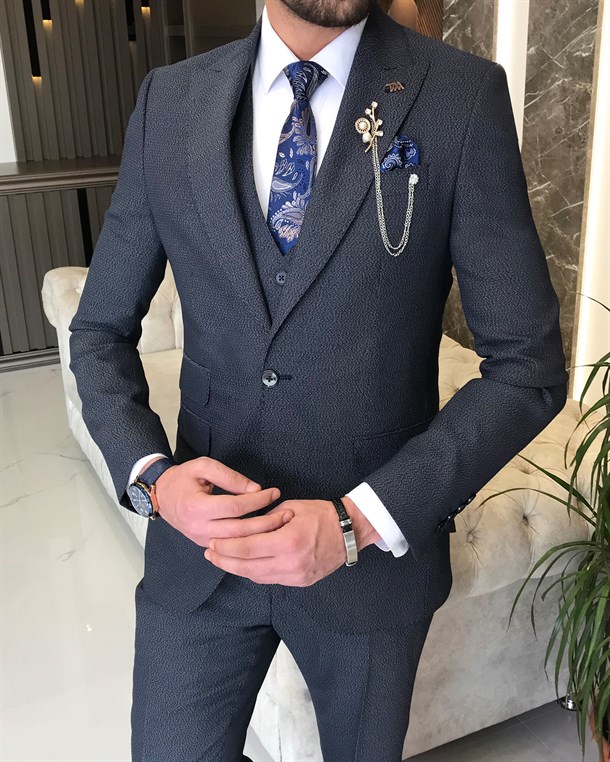 İtalyan stil  ceket yelek pantolon takım elbise Lacivert T8629