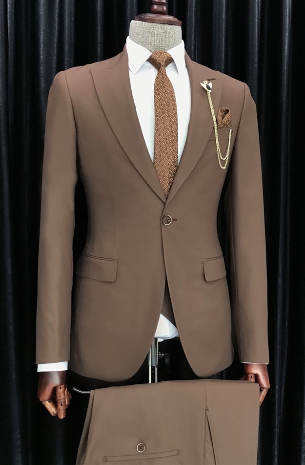 İtalyan stil ceket yelek pantolon takım elbise Kahverengi T8558