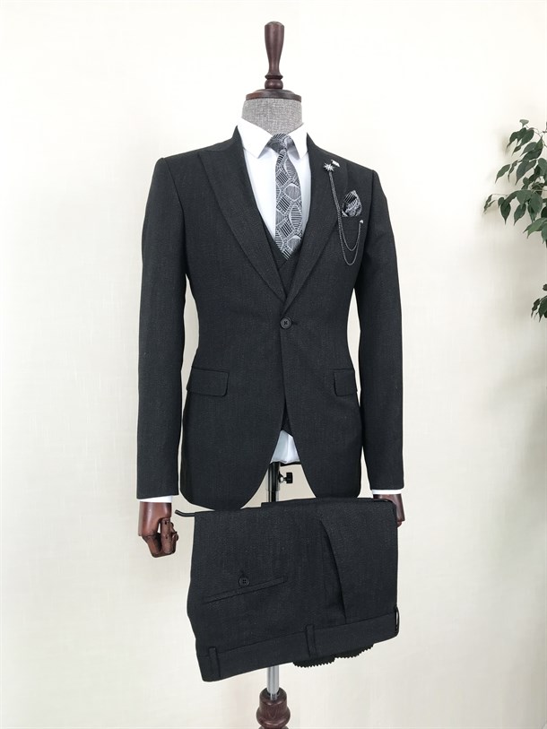İtalyan stil ceket yelek pantolon takım elbise Siyah T8609