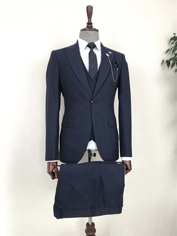İtalyan stil ceket yelek pantolon takım elbise Lacivert T8611