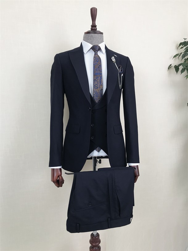 İtalyan stil ceket yelek pantolon takım elbise Lacivert T8552