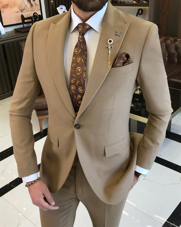 Italian style jacket vest pant suit camel T9080