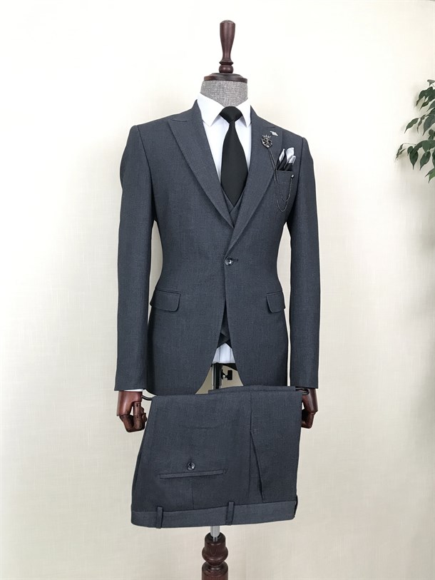 İtalyan stil ceket yelek pantolon takım elbise Gri T8617