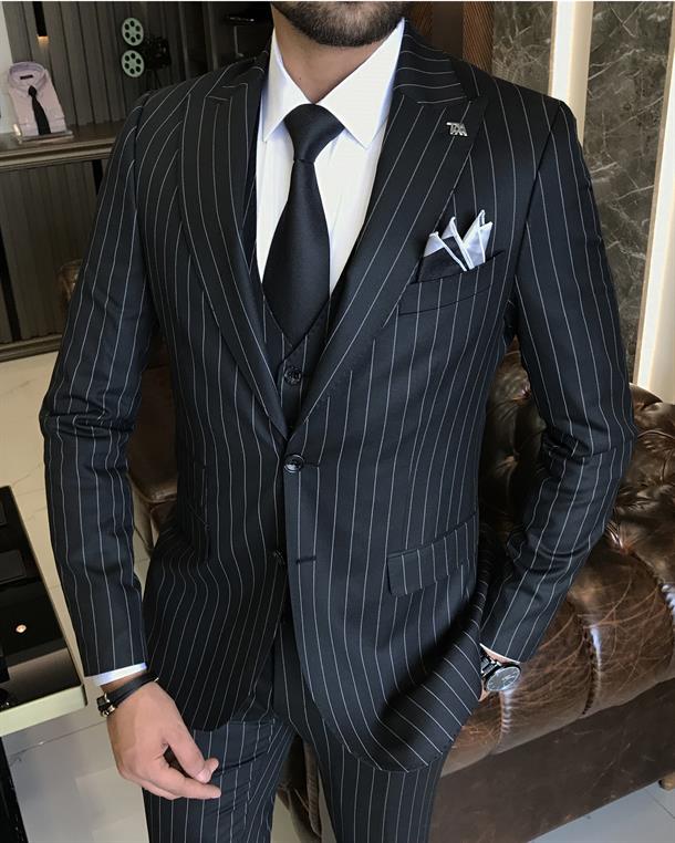 Italian style striped jacket vest pant suit Black T9928