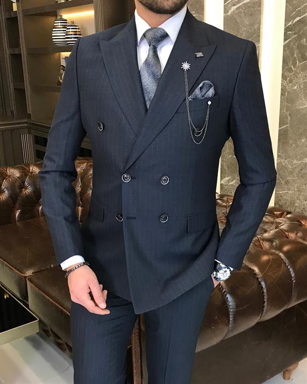 Italian style striped double-breasted jacket trouser suit navy blue T9071